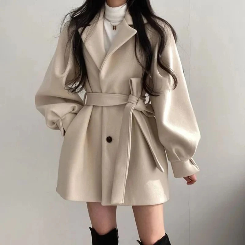 Women Woolen Coat Autumn Winter Elegant Korean Solid Thick Warm Mid Length Lapel Belt Jacket Office Lady Slim Trendy Outwear 240909