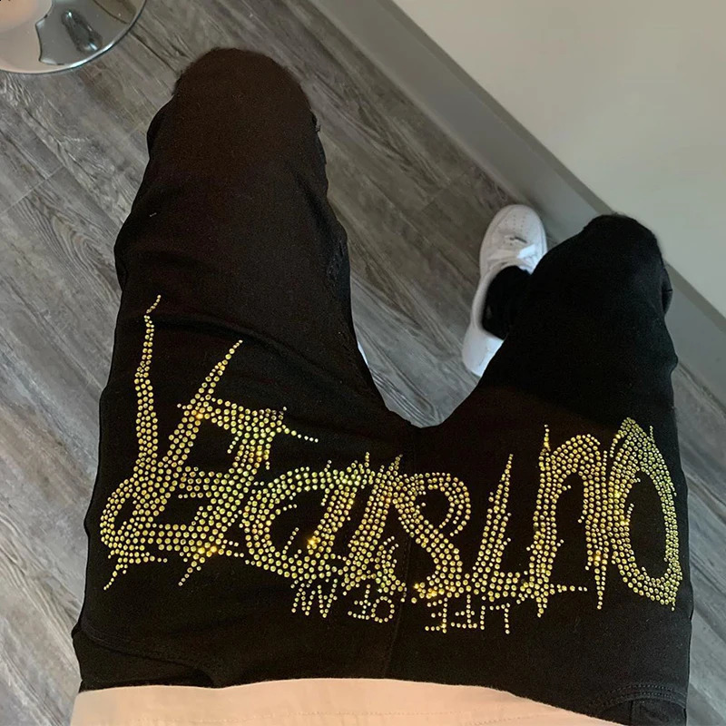 Men Trend Black Ripped Jeans Fashion Street Hole Trousers Cozy Skinny Rhinestone Stretch Soft Washed Denim Pants 240914
