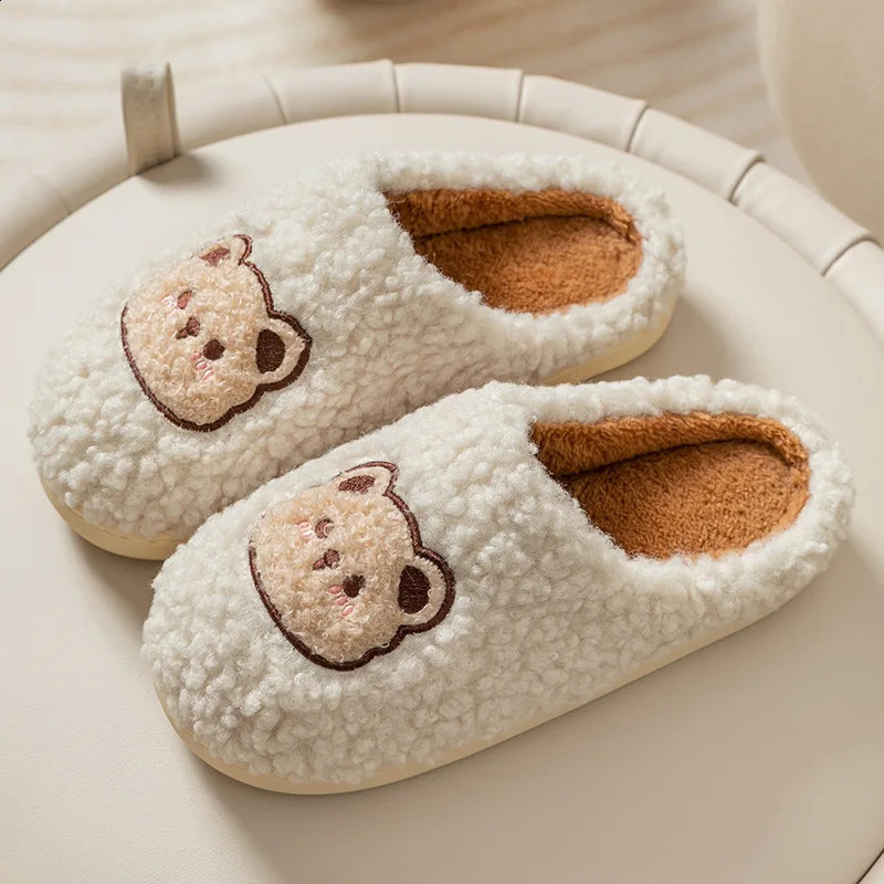 Cartoon cute bear plush slider warm cotton Sherpa anti slip coupling comfortable winter and autumn semi bench shoes 240914