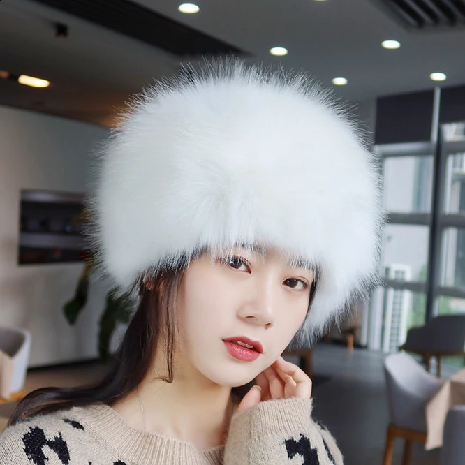 Female Russian Tick fluffy imitation fox fur hat with winter earmuffs ski hat winter Rlight white womens hat 240914