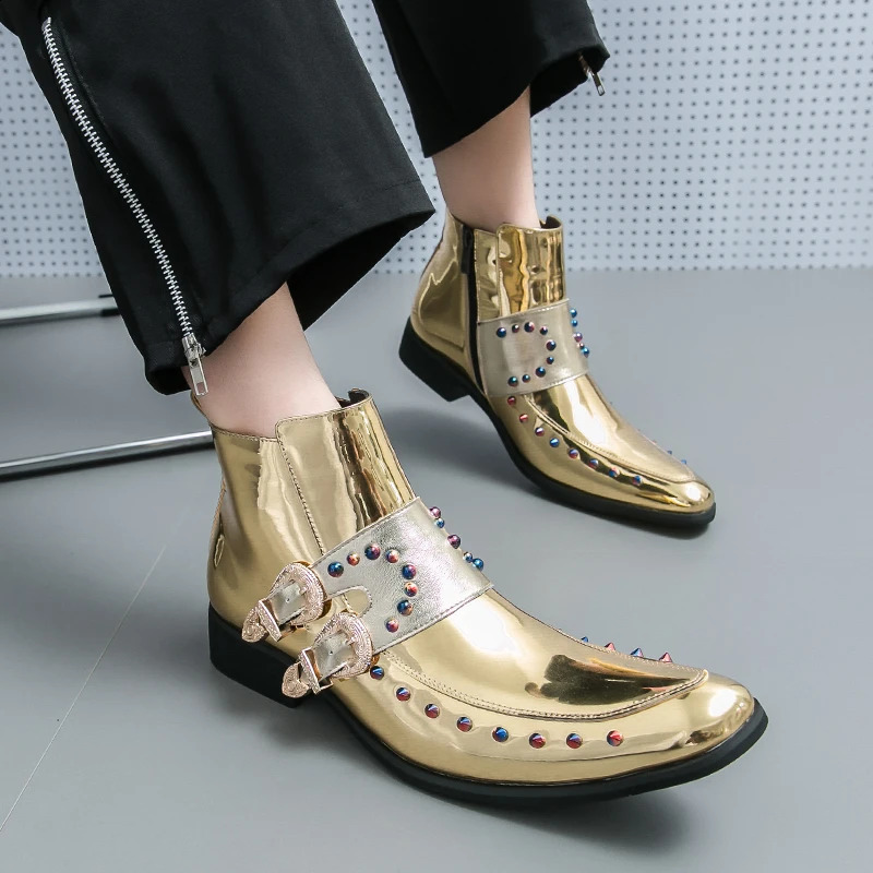 mens Pointed Gold Black rivets Chelsea Ankle Boots Monk Strap British er Botas trend casual high-end punk rock shoes 240914