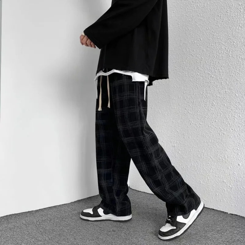 Spring Autumn Men Trendy Vintage Classics Plaid Print Harajuku Y2K Streetwear Pants Youth Korean Casual Loose Straight Trousers 240911