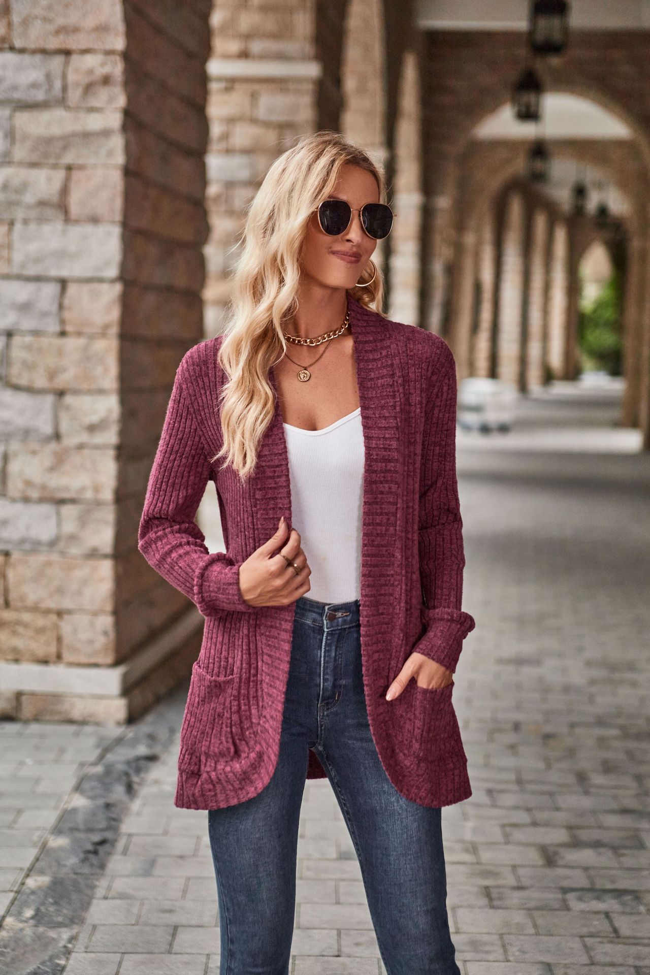 2024 Autumn New Product Solid Color Pit Strips Matted Women's Casual Splicing Long Sleeve Cardigan Coat