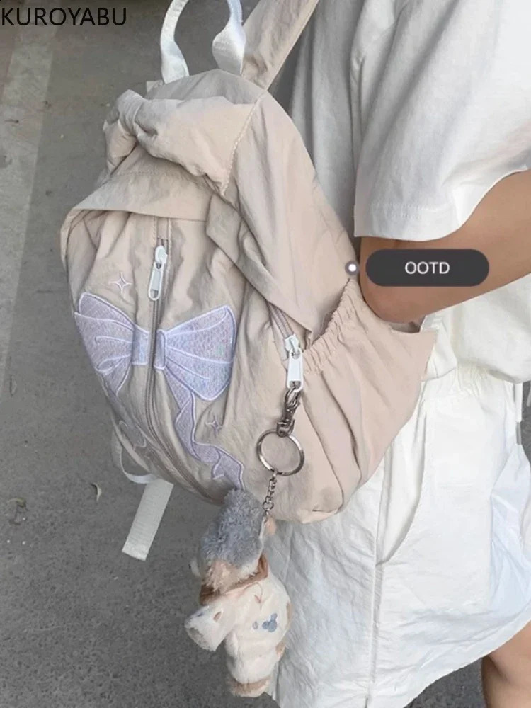Fashion Korean style bow backpack womens casual Y2k school bag silver shoulder bag canvas shoulder bag Mochilas Mujer 240912