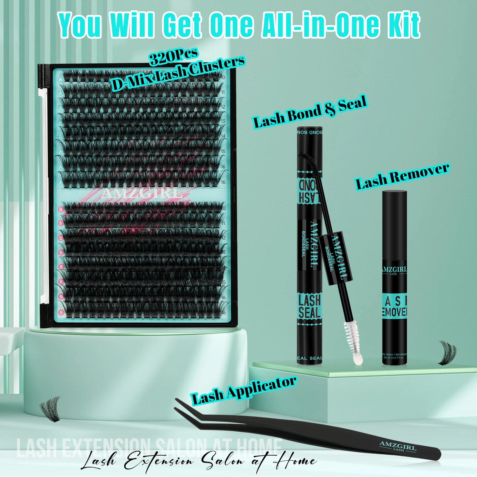 AMZGIRL LASH 320pcs DIY Eyelash Extension Kit Cluster Lashes 70D90D D Curl 8-16mm Waterproof Bond and Seal with Remover Tweezer 240914