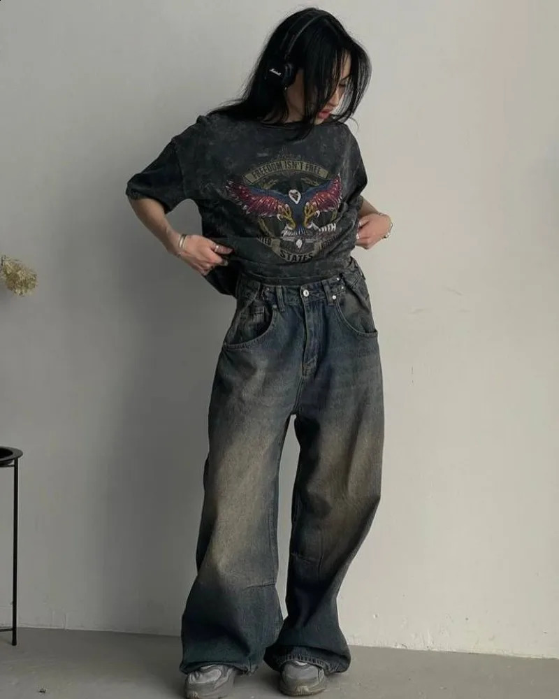 Y2K Streetwear Clothes Fashion Washed Old Baggy Jeans Women Vintage Harajuku Casual Joker Gothic High Waist Wide Leg Pants 240906