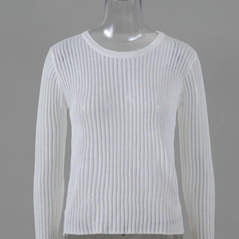 Fashion White Elegant Stripe See Through Womens Top Long Sleeve Tshirt Tight Club Party Clothing 240913