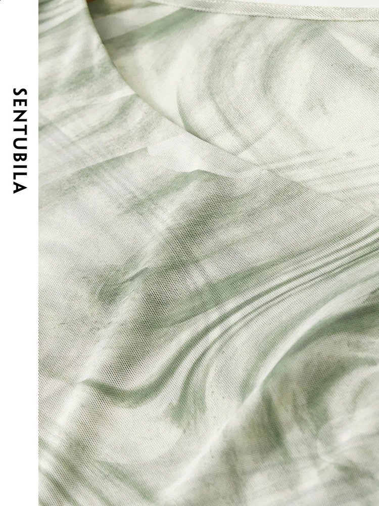 SENTUBILA Womens Soft Mesh Tshirt Fashion Tie Dye Asymmetric Skeleton Collar High Tension Pulling Long Sleeve Top 141T53407 240913