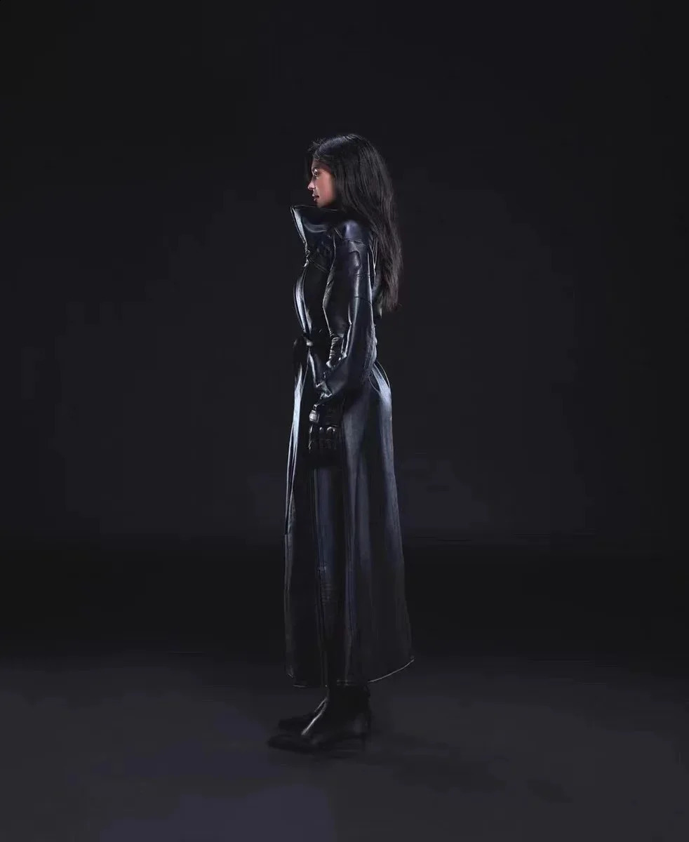KHY kylie with silhouette zipper artificial leather trench coat DROP001 motorcycle wind stand-up collar coat c 240911