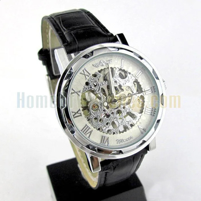 Winner Men Watches Black Leather Band Stainless Steel Skeleton Watch for Man Gold Mechanical Wrist Watches AA 240906