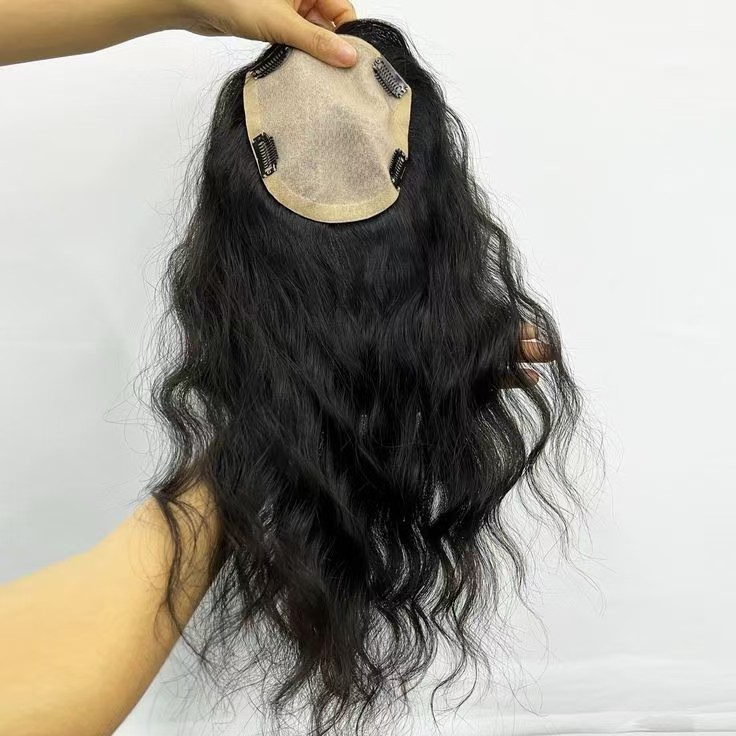 Silk Base Top Hairpiece Virgin Clip in Hair Topper Womens Human Hair Topper for Thinning Hair Natural Black Brown Wavy 18inch