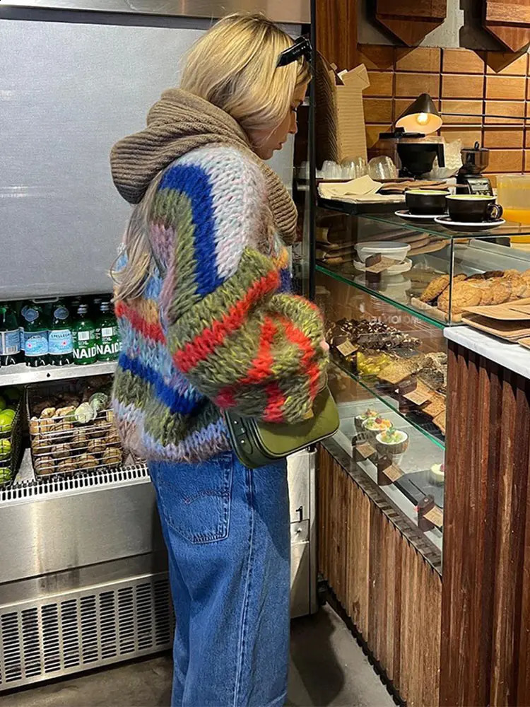Elegant O-neck long puff sleeve knitted floral womens fashionable colorful striped oversized sweater 2024 fashionable womens coat 240914