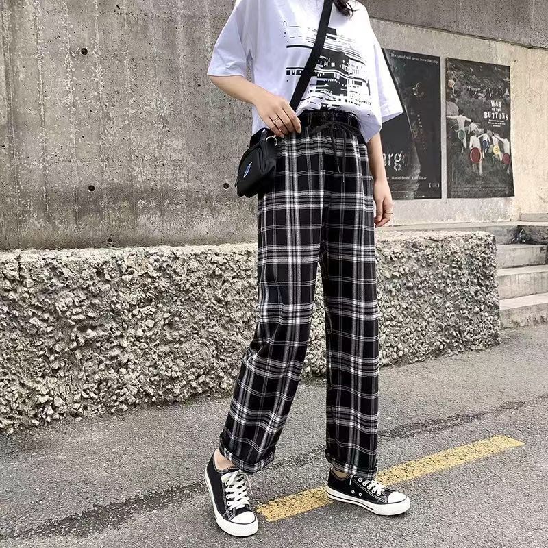 Black Plaid Pants Women's Summer Thin High Waist Wide Leg Casual Pants Loose Plaid Pants Straight Mopping Pants