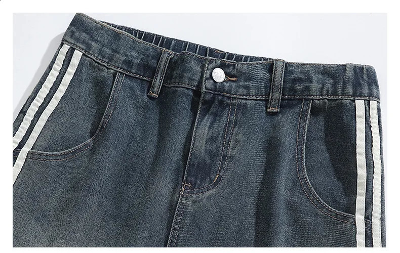 American retro washed striped jeans mens loose zipper pants stretch waist tie 240903