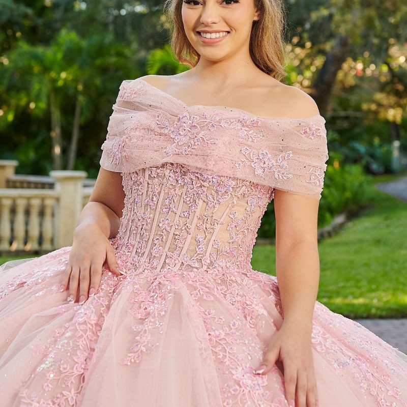 Pink Sequined Appliques Beading Shiny Crystal Tull Ball Gown Quinceanera Dresses Off The Shoulder Corset Vestidos De 15 Anos