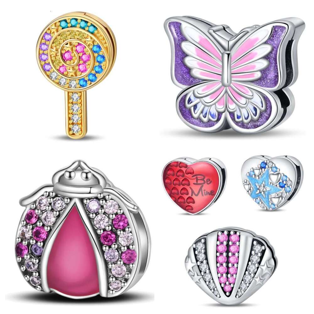 New 925 Sterling Silver Charm Red Heart Pink Shell Violet Butterfly beads Fit Charms Silver 925 Original Bracelet DIY Jewelry Making For women Gifts