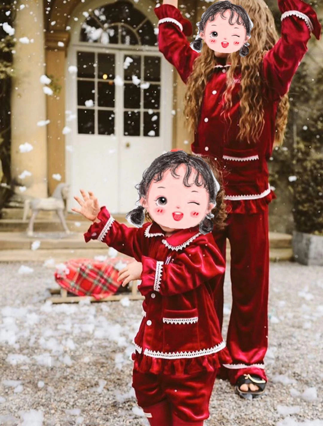 1-14Y Baby Boy Girl Christmas Essential Warm Winter Red Velvet Pajamas Set Toddler Long Sleeve Lace Sleepwear Kids Clothing Suit 240913