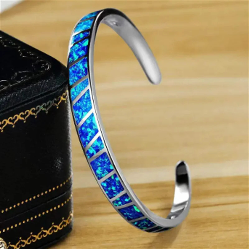 Blue Fire Opal Stone Open Bangles Silver Plated Adjustable Minimalist Bracelets Jewelry Gifts For Girl Women Custom Jewelry 240910