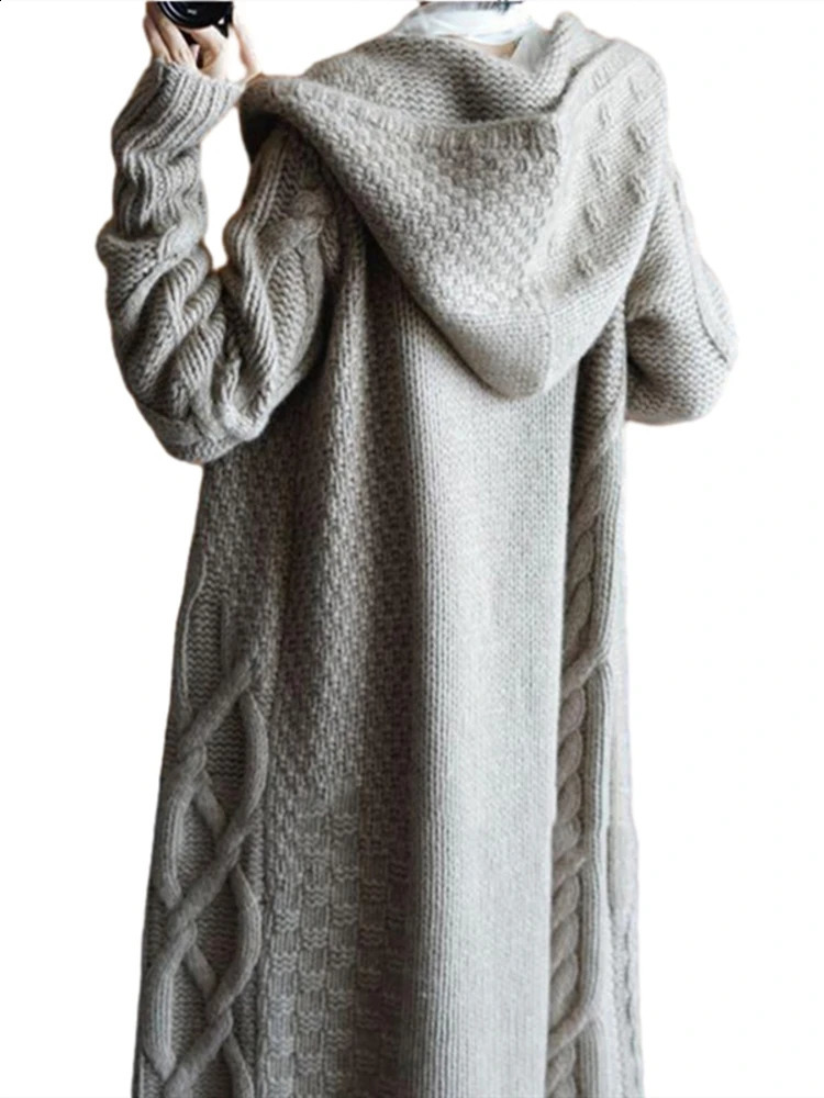 Womens Sweater Autumn Winter Knitted Long Open Woolen Sweater Korean Fashion Loose Large Full Sleeve Casual Hoodie Knitted 240914