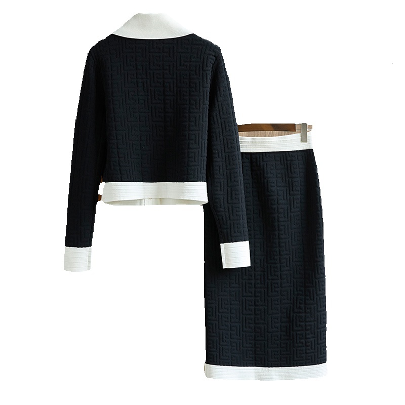 Recommended Elegant Design New Fall Spring Black Geometrical Knitting Skirts Sets Women 2 Pieces Outfits 2022 Sweater Suits