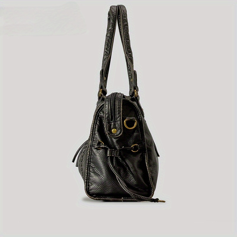 Women's Fashion Vintage Washed Soft Leather Tote Large Capacity Commuter Multi-Pocket Shoulder Messenger Bag