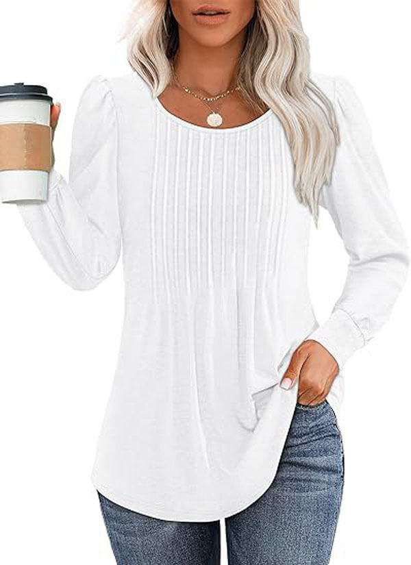 2024 Autumn New Women's Long Sleeve Top Shirt Fashion Casual Wrinkle Low Round Neck T-shirt