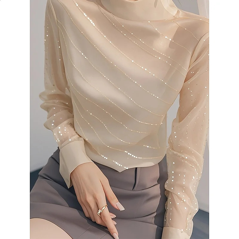 Autumn steel belt half high neck long sleeved Tshirt for women fashionable printed floral at the bottom 240913