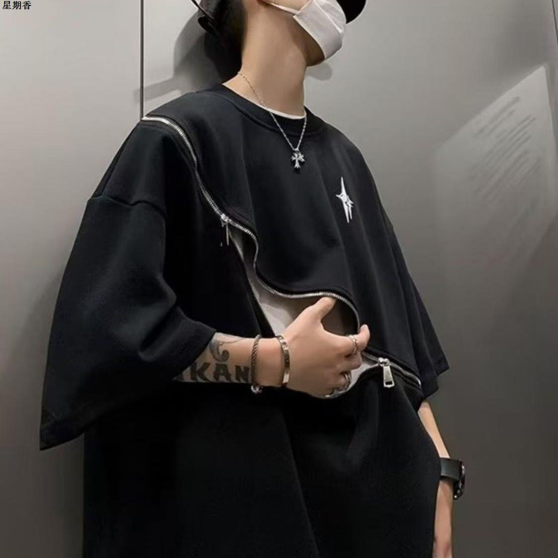 American high street dark niche design zipper designer T-shirt men's ins fashion brand handsome loose half-sleeve shirt