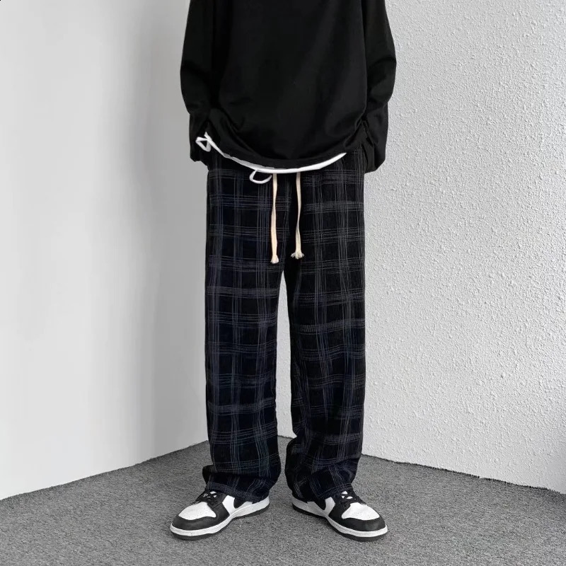 Spring Autumn Men Trendy Vintage Classics Plaid Print Harajuku Y2K Streetwear Pants Youth Korean Casual Loose Straight Trousers 240911