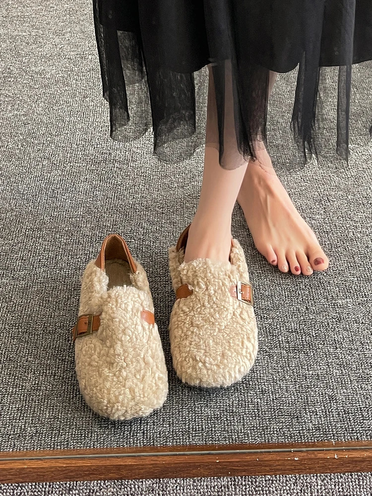 Cover heel womens slider low plush fur flap summer flat plush with fur rubber base 240914