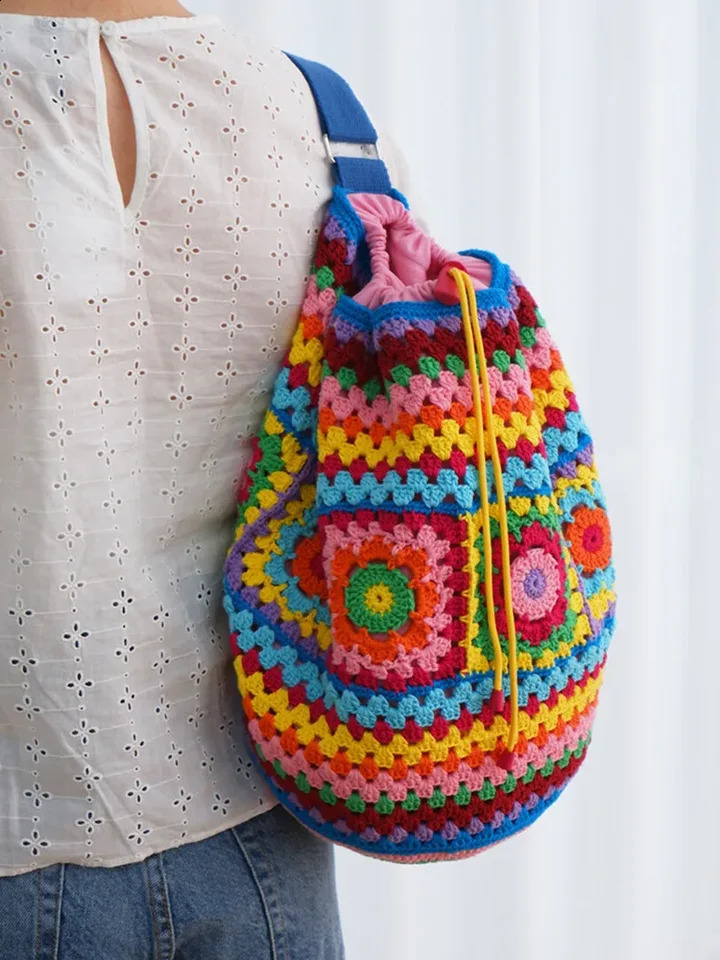 Bohemian crochet bucket shaped womens shoulder bag knitted grandmother square backpack handmade handbag casual travel 240913