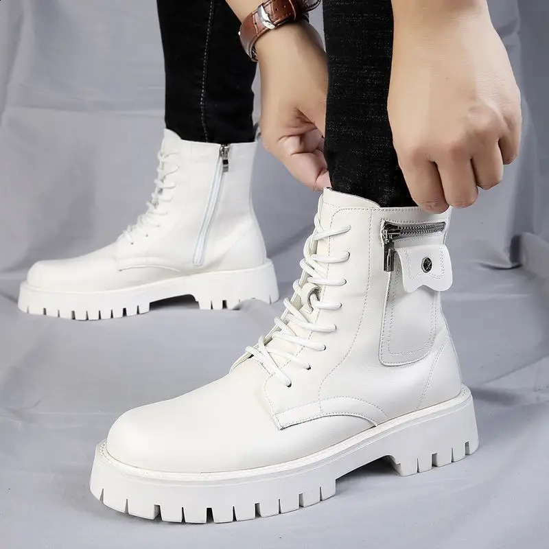 High Quality Men White Boots 2024 Fashion Zip n Mens Leather Boot Antislip Laceup Man Platform