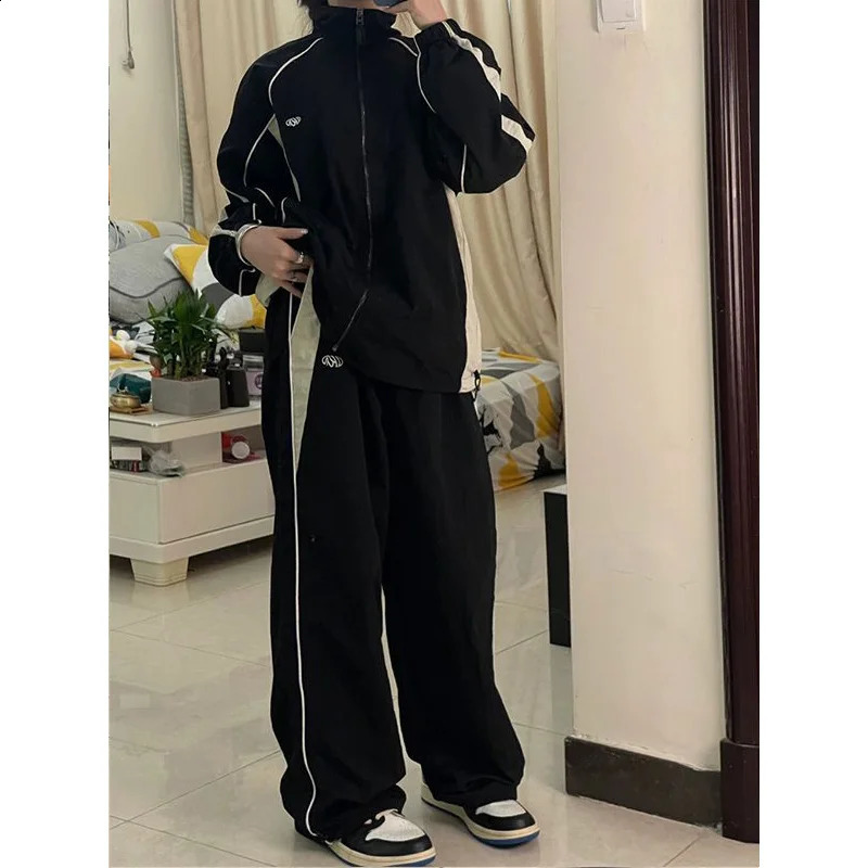 Women Spring Retro Solid Loose Drawstring Trousers Casual Joggers Baggy Wide Leg Sweatpants Mid Waist Sporty Y2k Female Clothes y240912