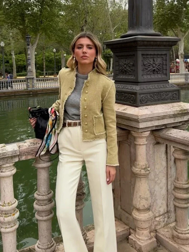 Elegant Tweed Womens Coat Fashion Single Breasted Stand Collar Pockets Jacket Spring Office Lady Female Furry Edge Outwear 240911