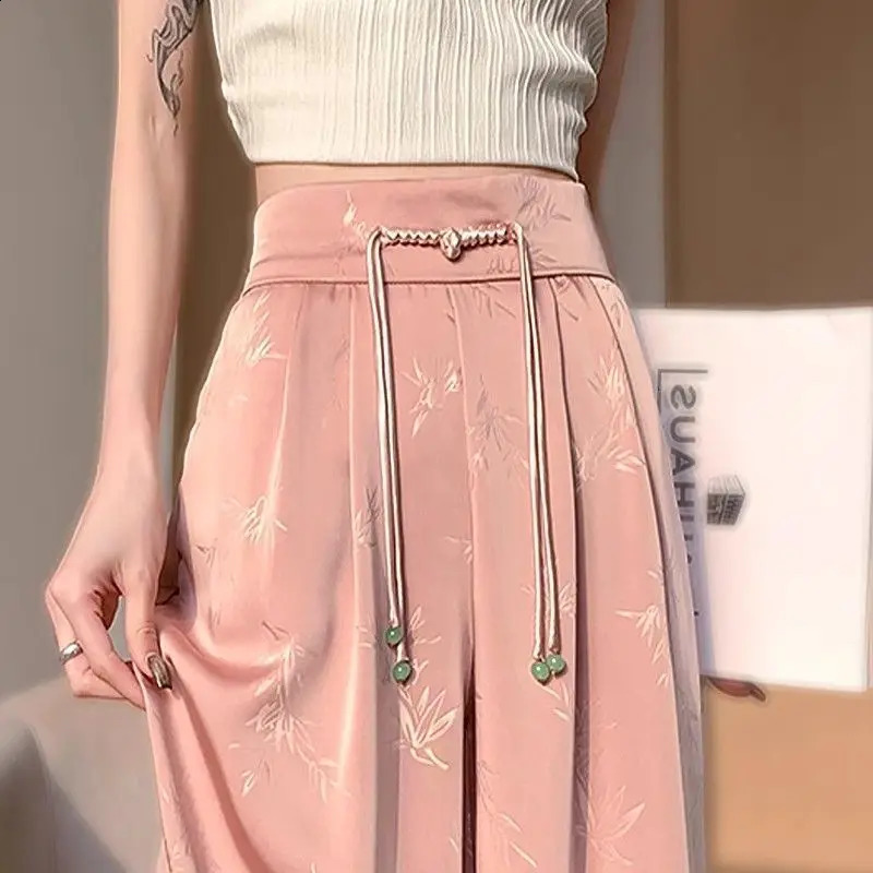Womens Autumn Elegant Chinese Style Solid Color High Waist Appearance Thin Wide Legs Fashion Full Match Trend Satin Casual Pants 240914