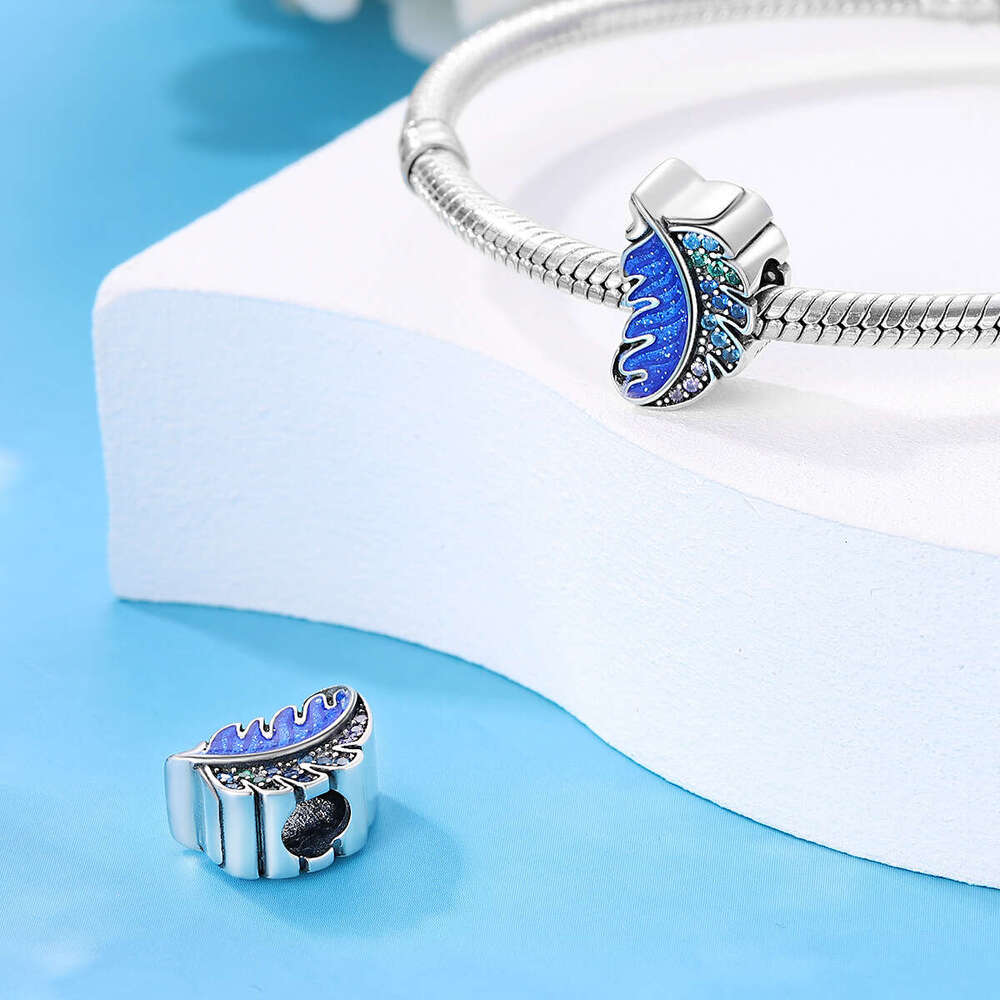 New 925 Sterling Silver Charm Colorful Stone Leaf Buckle Feather Pendant with blue enamel beads Fit Charms Silver 925 Original Bracelet DIY Jewelry Ma