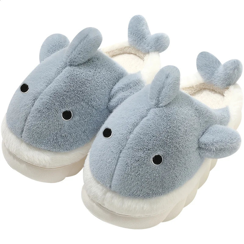 Interesting animal shark cotton slippers womens thick soled family slippers winter warm anti slip cute plush couple slippers 240914
