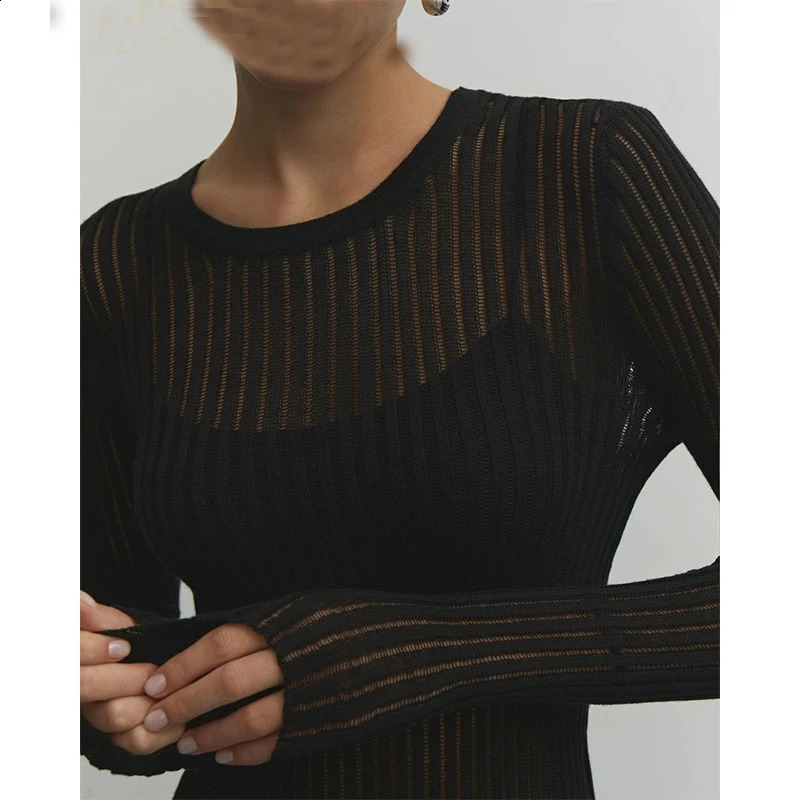 Fashion White Elegant Stripe See Through Womens Top Long Sleeve Tshirt Tight Club Party Clothing 240913