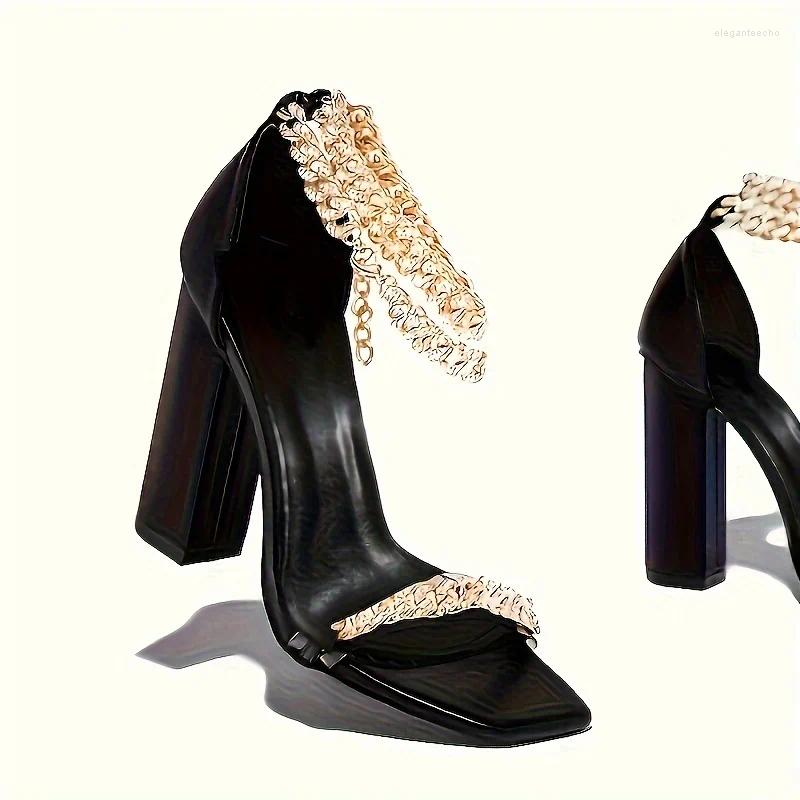 2025 S Fashion Designer Sandals Women S Chain Decor Block Heeled Square Toe Dress Pumps Stylish Heels
