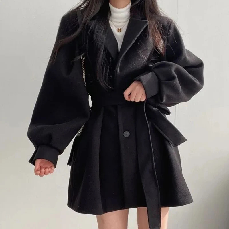 Women Woolen Coat Autumn Winter Elegant Korean Solid Thick Warm Mid Length Lapel Belt Jacket Office Lady Slim Trendy Outwear 240909