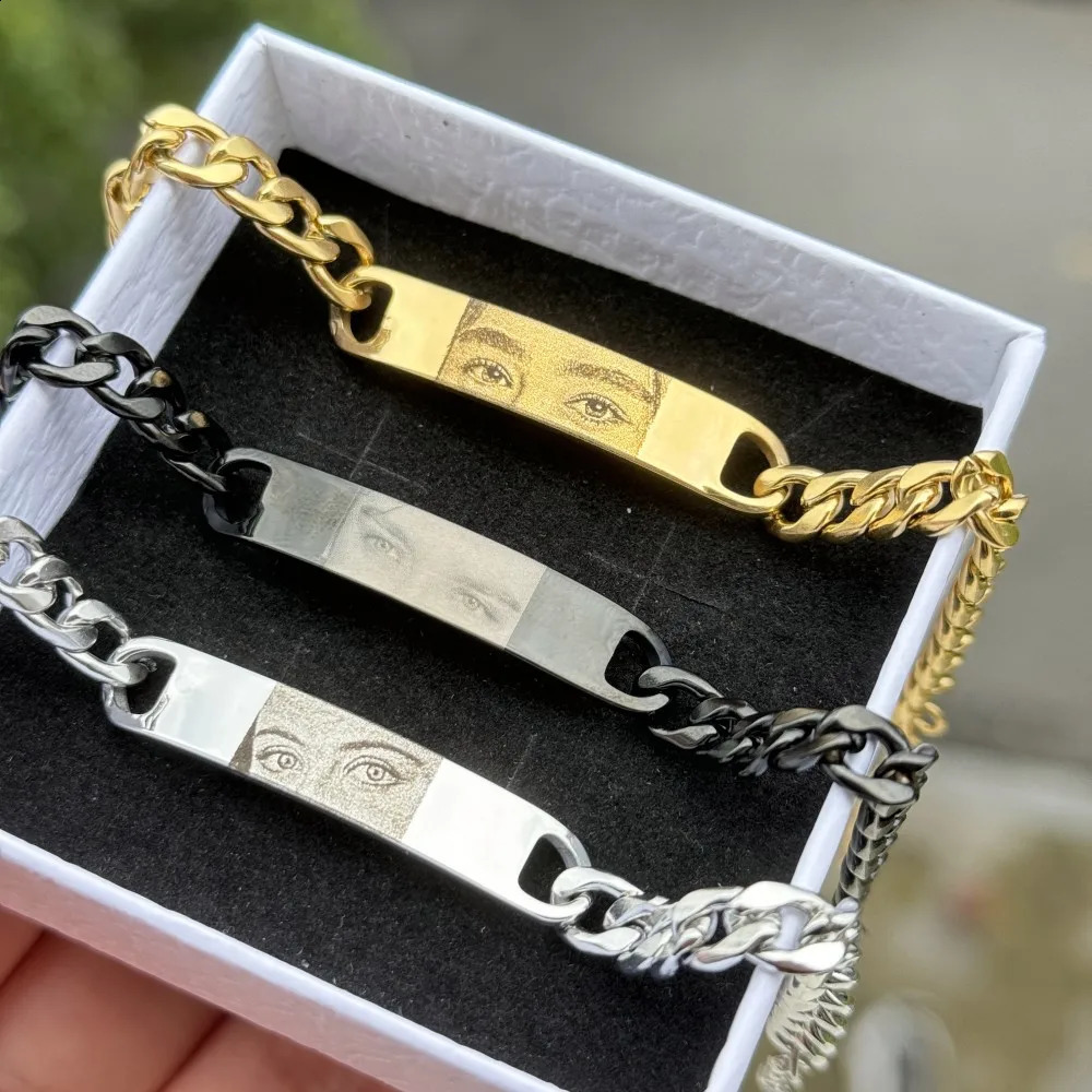 DUOYING Custom Eyes Po Bracelet Customized Engravable Picture Couple Bracelet Stainless Steel Cuban Chain Jewelry Gifts 240914