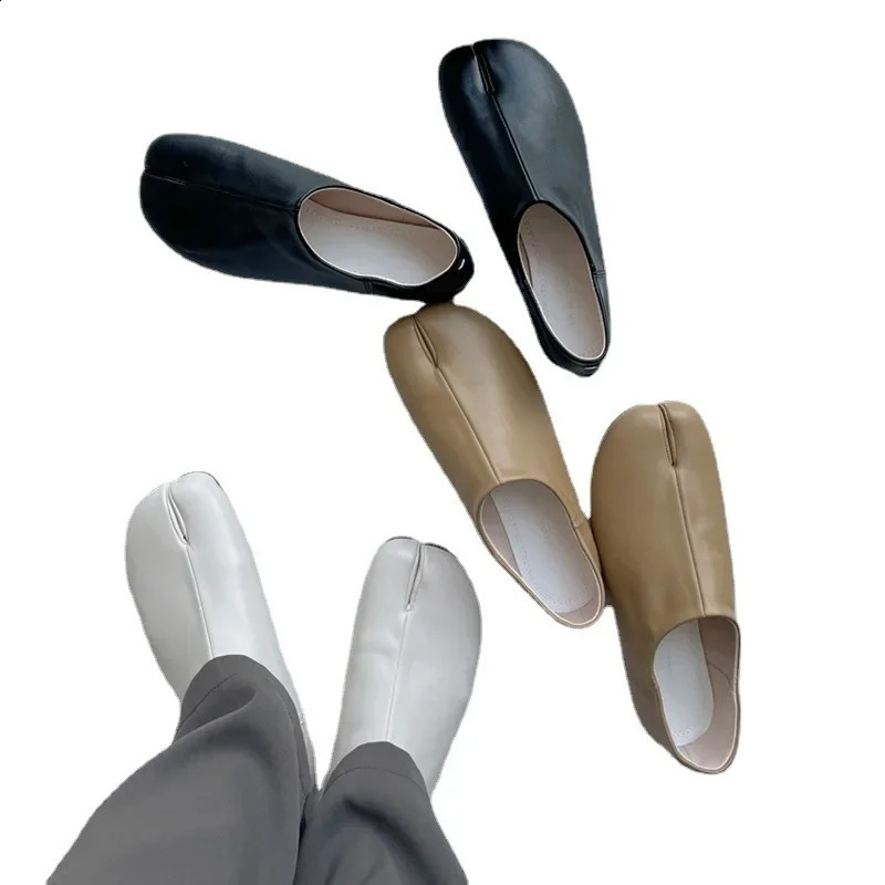 Bailamos Women Flats Tabi Ninja Moccasins Round Split Toe Shallow Lazy On Sgback Mules Leather Shoes Soft Loafers Slip 240906