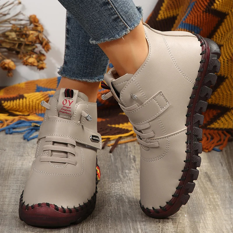 Pu leather red boots womens soft soled orthopedic autumn and winter shoes womens plus size wool ankle boots womens Mom Moccasins 240914