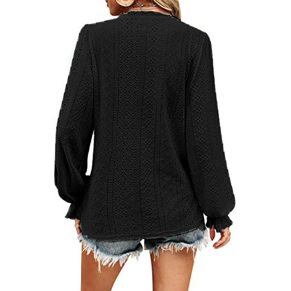 2024 new women's V-neck T-shirt autumn hollow out casual pleated sleeve top shirt