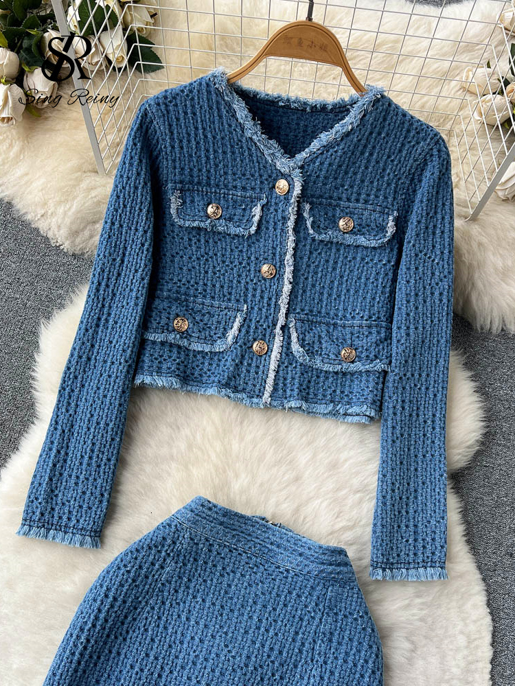 SINGREINY Women Office Lady Denim Suits 2023 Sleeves Autumn Blouse+Split Long Skirt Vintage Fashion Jeans Two Pieces Sets