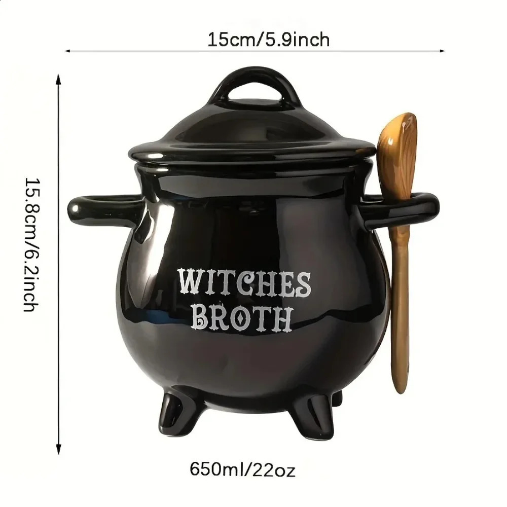 1set 22OZ Witches Brew Cauldron Mug with Lid and Spoon Black Ceramic Coffee Cups Stockpot Tabletop Decoration for Halloween Gift 240910