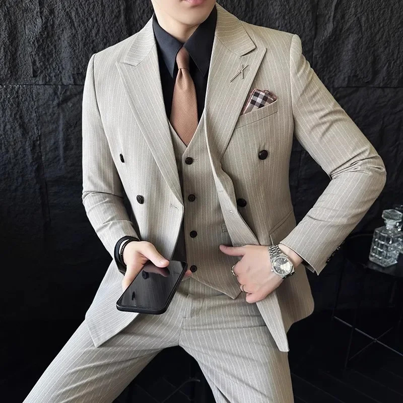 2024 Fashion Mens Boutique Business Slim Wedding Striped Double Breasted Suit Blazers Jacket Pants Trousers Vest 3 Pcs Set 240914