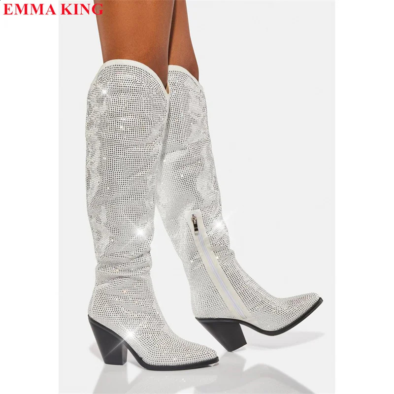 ers all rhinestone stud knee high boots crystal corner toe long boots thick high heels western cowboy boots for women 240914