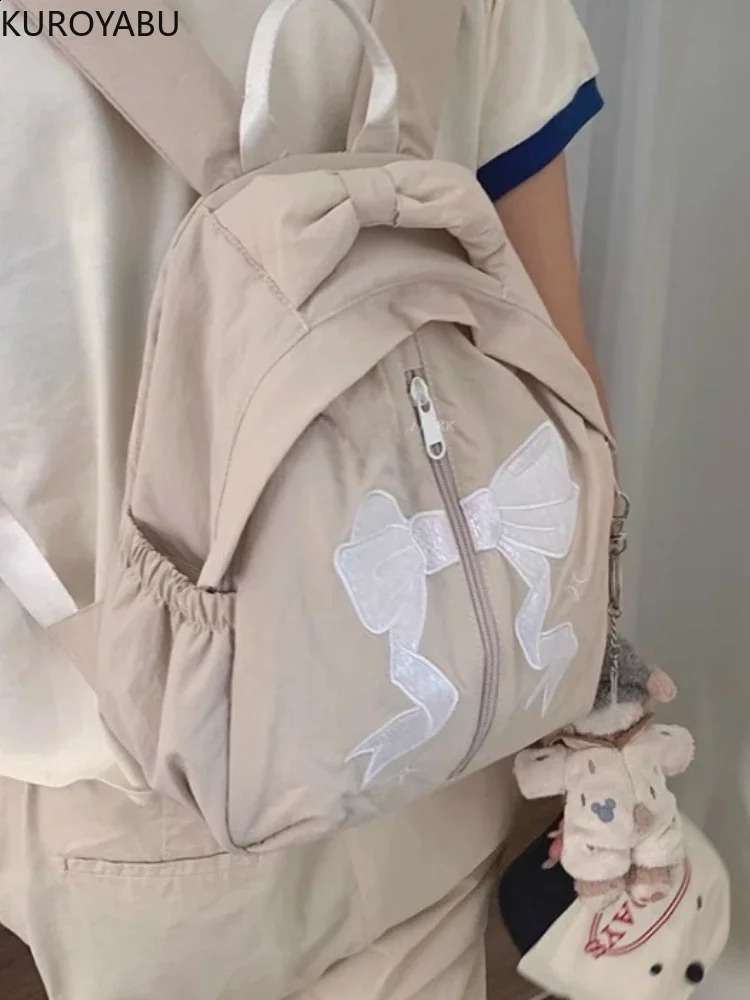 Fashion Korean style bow backpack womens casual Y2k school bag silver shoulder bag canvas shoulder bag Mochilas Mujer 240912