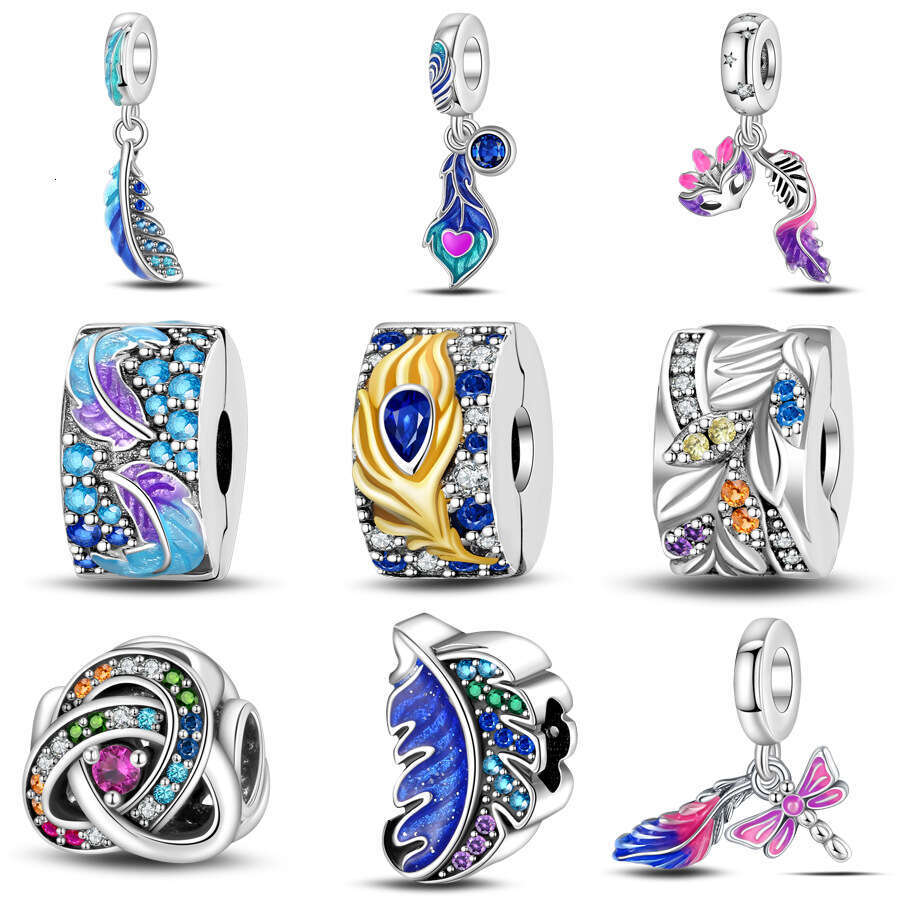 New 925 Sterling Silver Charm Colorful Stone Leaf Buckle Feather Pendant with blue enamel beads Fit Charms Silver 925 Original Bracelet DIY Jewelry Ma